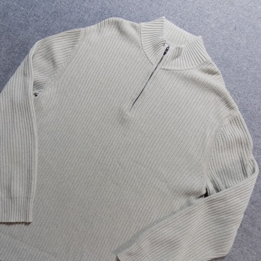 Calvin Klein Quarter Zip Sweater Mens XL Beige Excellent Ribbed Cotton Mock Neck